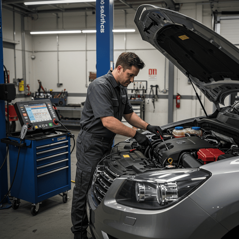 Meistras tikrina automobilio variklį profesionaliame autoservise